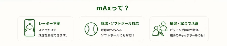 レーダー不要、野球・ソフトボール対応、練習・試合で活躍するmAxの特徴